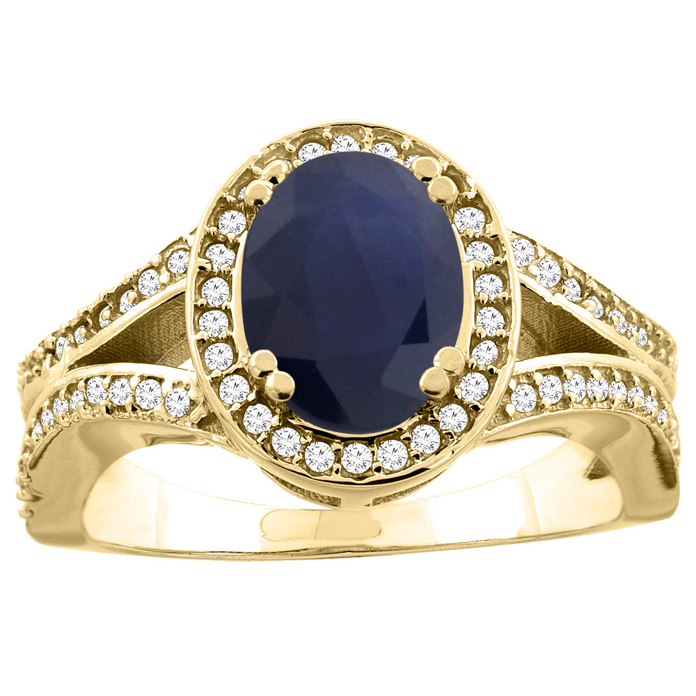 14k Gold Diamond Halo Genuine Blue Sapphire Ring Split Shank Oval 8x6mm, size 5-10
