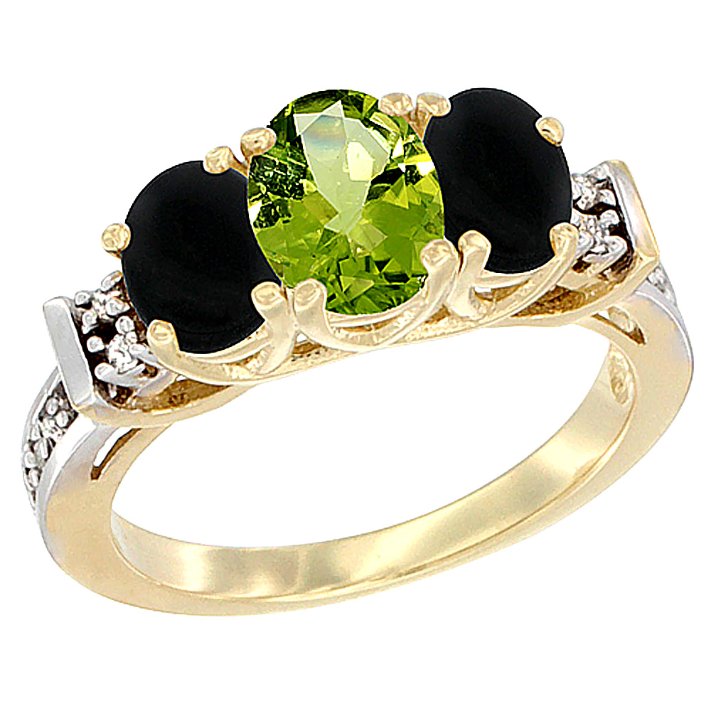 10K Yellow Gold Natural Peridot & Black Onyx Ring 3-Stone Oval Diamond Accent