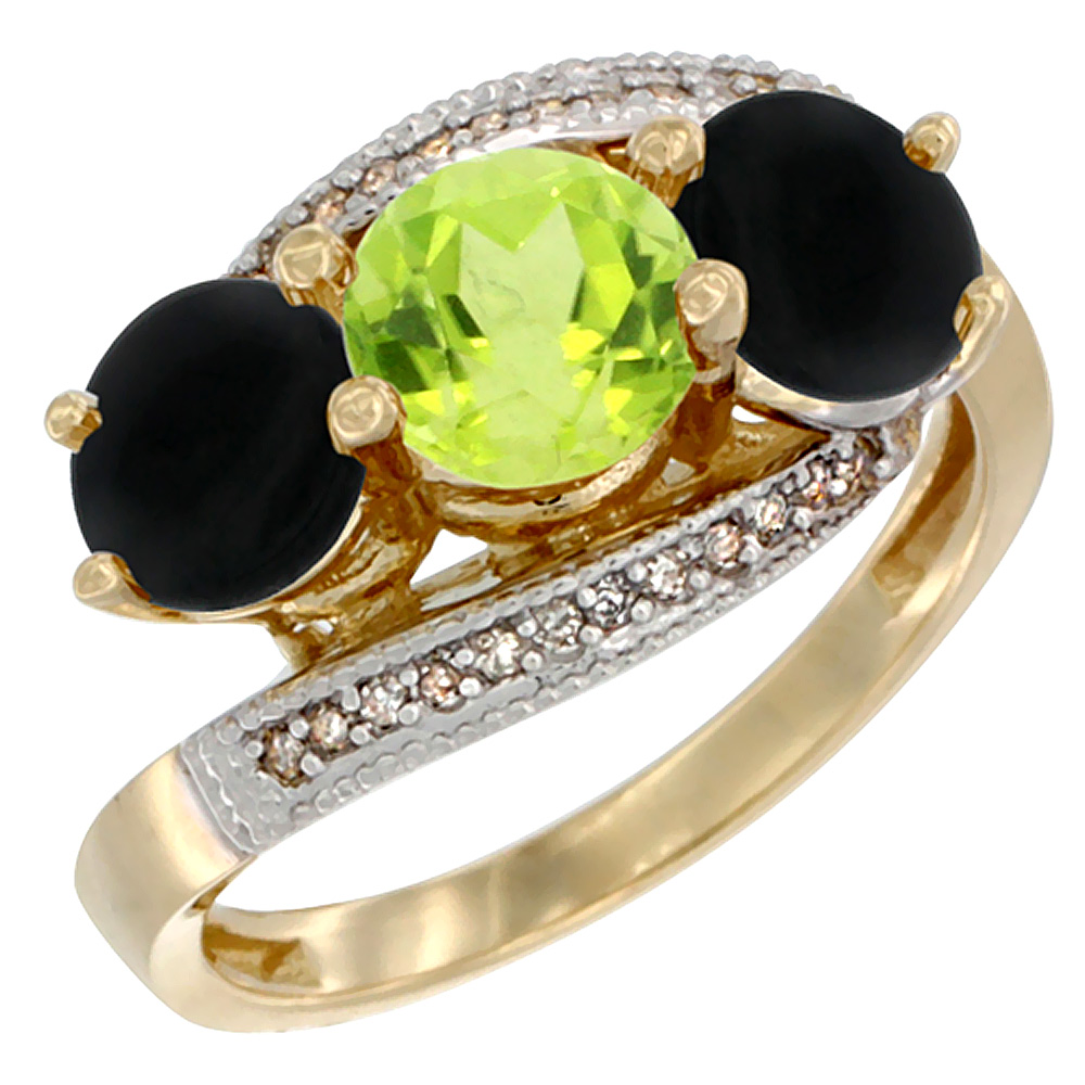 10K Yellow Gold Natural Peridot & Black Onyx Sides 3 stone Ring Round 6mm Diamond Accent, sizes 5 - 10