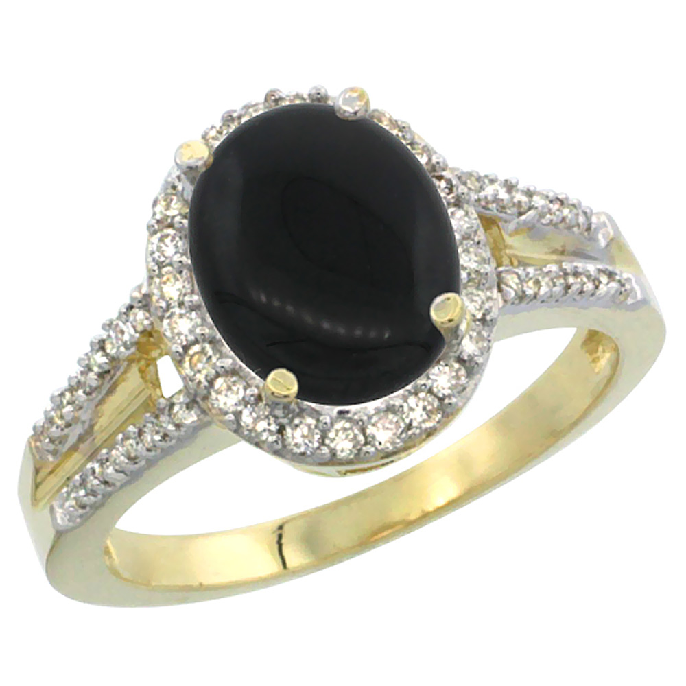 10K Yellow Gold Diamond Natural Black Onyx Engagement Ring Oval 10x8mm, sizes 5-10