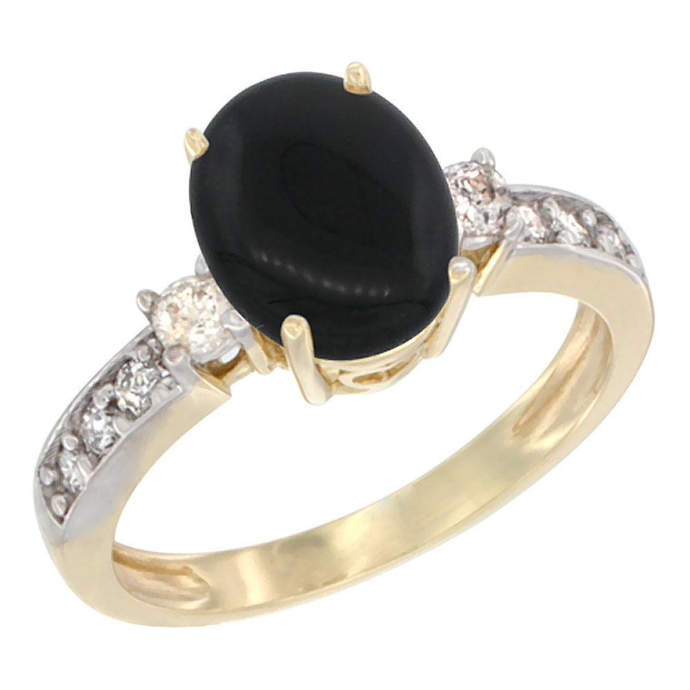 10K White Gold Natural Black Onyx Ring Oval 9x7 mm Diamond Accent, sizes 5 - 10
