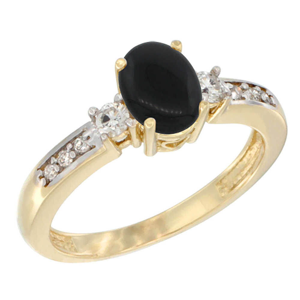 10K White Gold Diamond Natural Black Onyx Engagement Ring Oval 7x5 mm, sizes 5 - 10