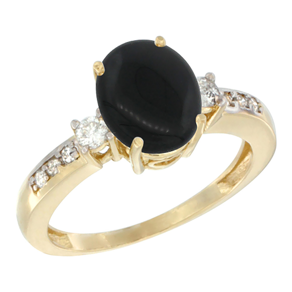10k Yellow Gold Natural Black Onyx Ring Oval 9x7 mm Diamond Accent, sizes 5 - 10
