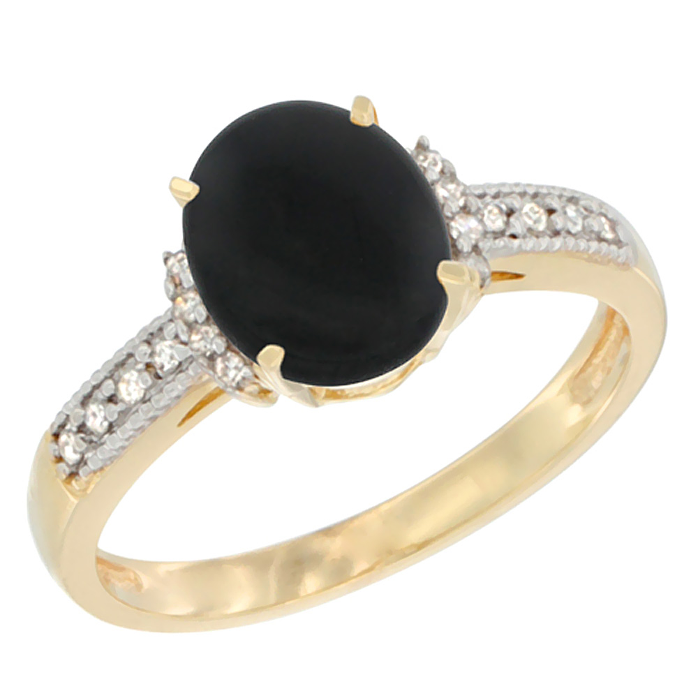 10K Yellow Gold Natural Black Onyx Ring Oval 9x7 mm Diamond Accent, sizes 5 - 10