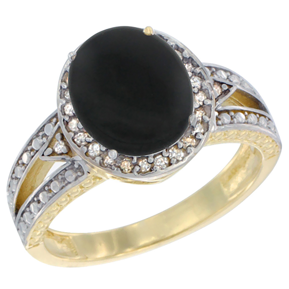 10k Yellow Gold Natural Black Onyx Ring Oval 9x7 mm Diamond Halo, sizes 5 - 10