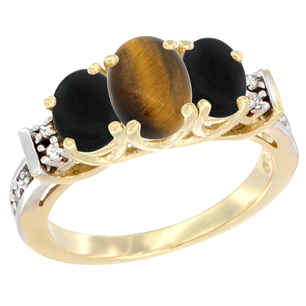 10K Yellow Gold Natural Tiger Eye & Black Onyx Ring 3-Stone Oval Diamond Accent