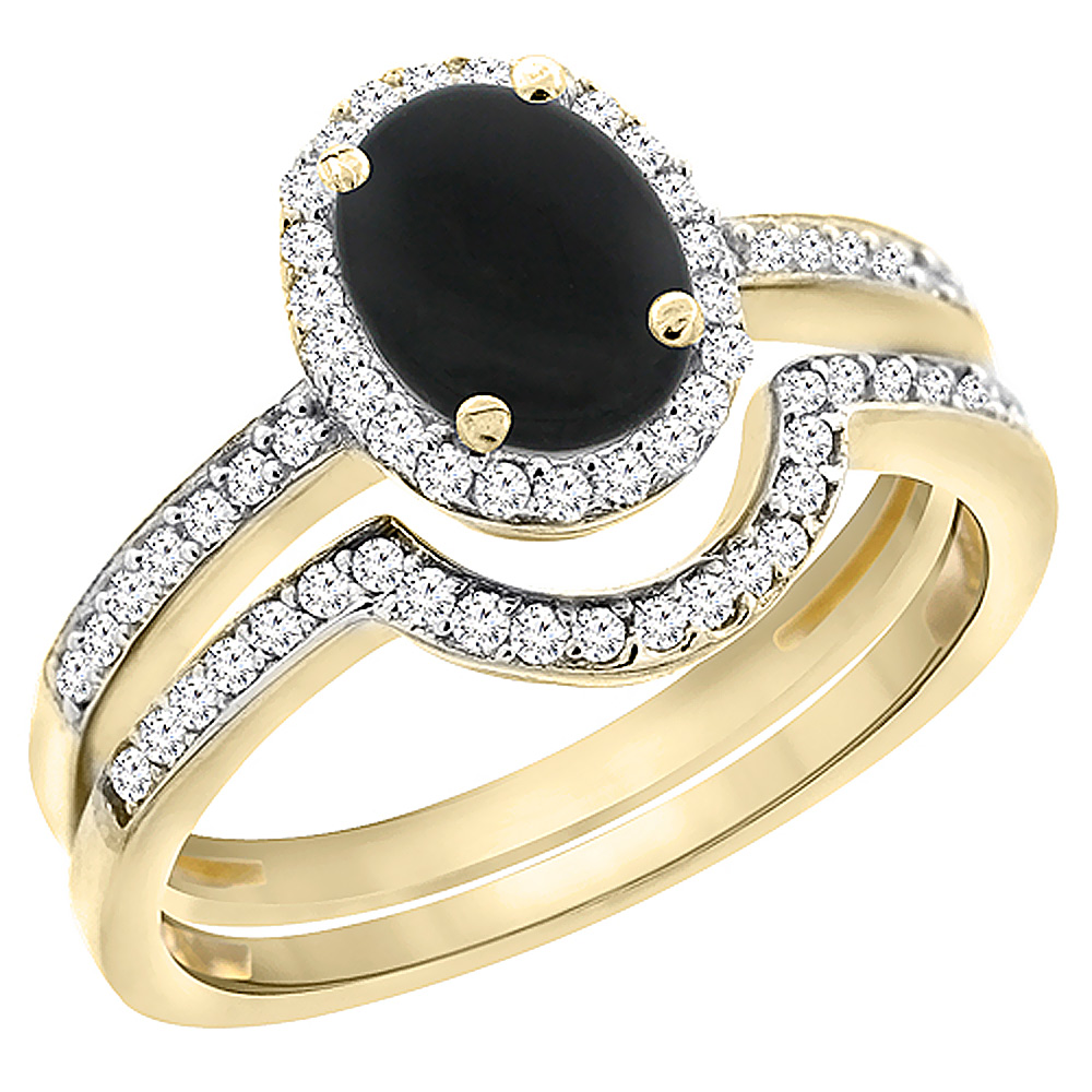 10K Yellow Gold Diamond Natural Black Onyx 2-Pc. Engagement Ring Set Oval 8x6 mm, sizes 5 - 10