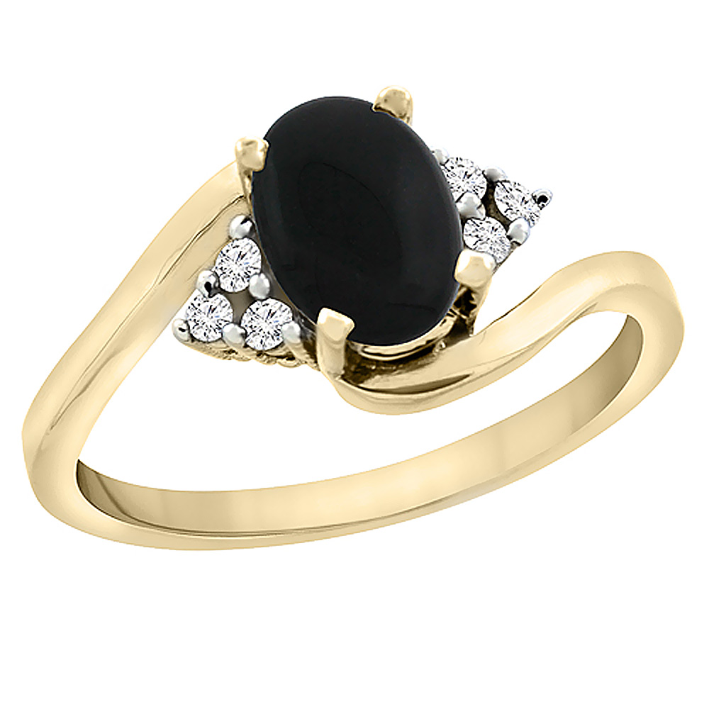 10K White Gold Diamond Natural Black Onyx Engagement Ring Oval 7x5mm, sizes 5 - 10