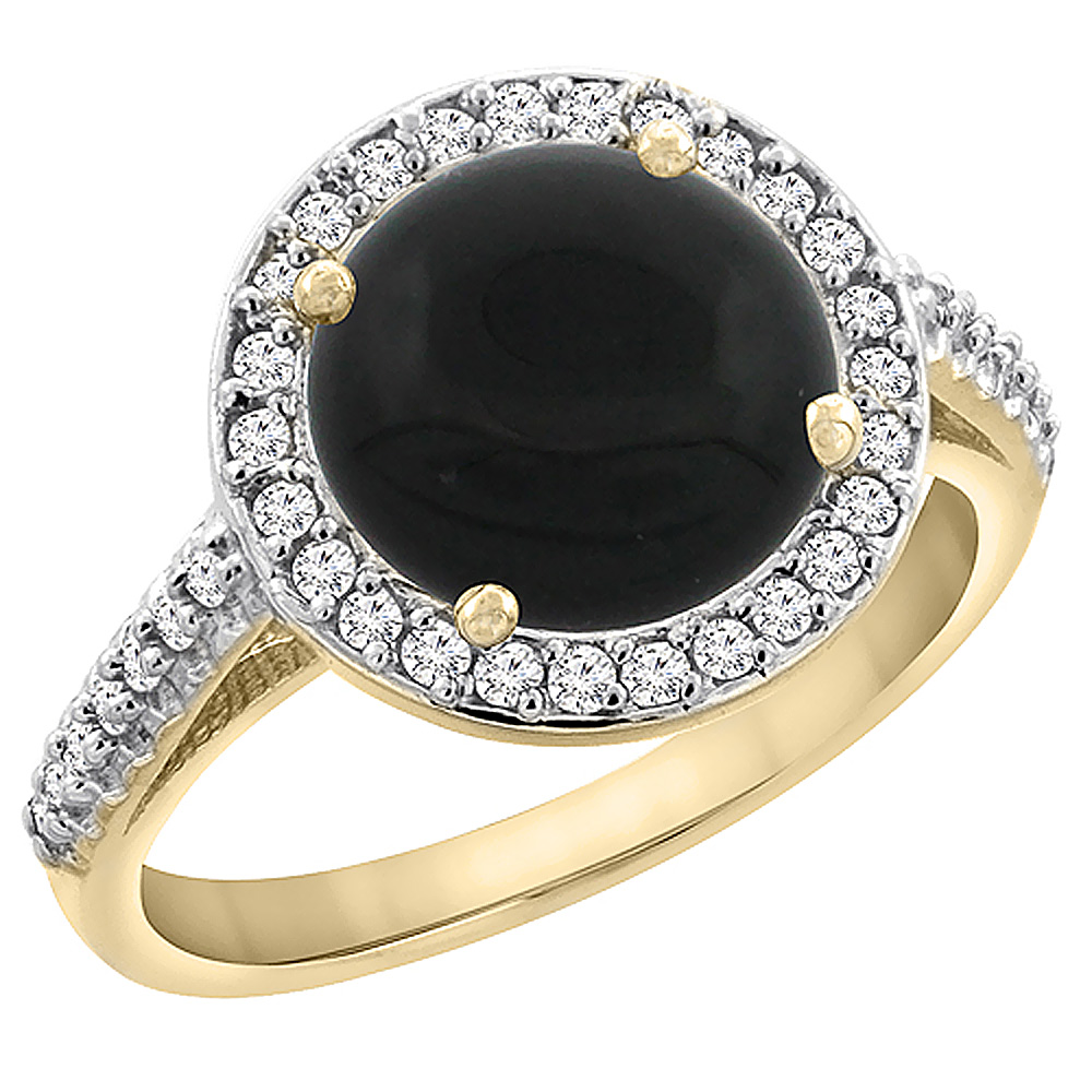 10K Yellow Gold Natural Black Onyx Ring Round 8mm Diamond Halo, sizes 5 to 10