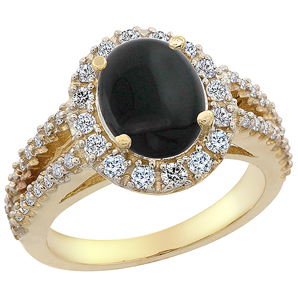 10K Yellow Gold Diamond Natural Black Onyx Engagement Ring Oval 10x8mm, sizes 5-10