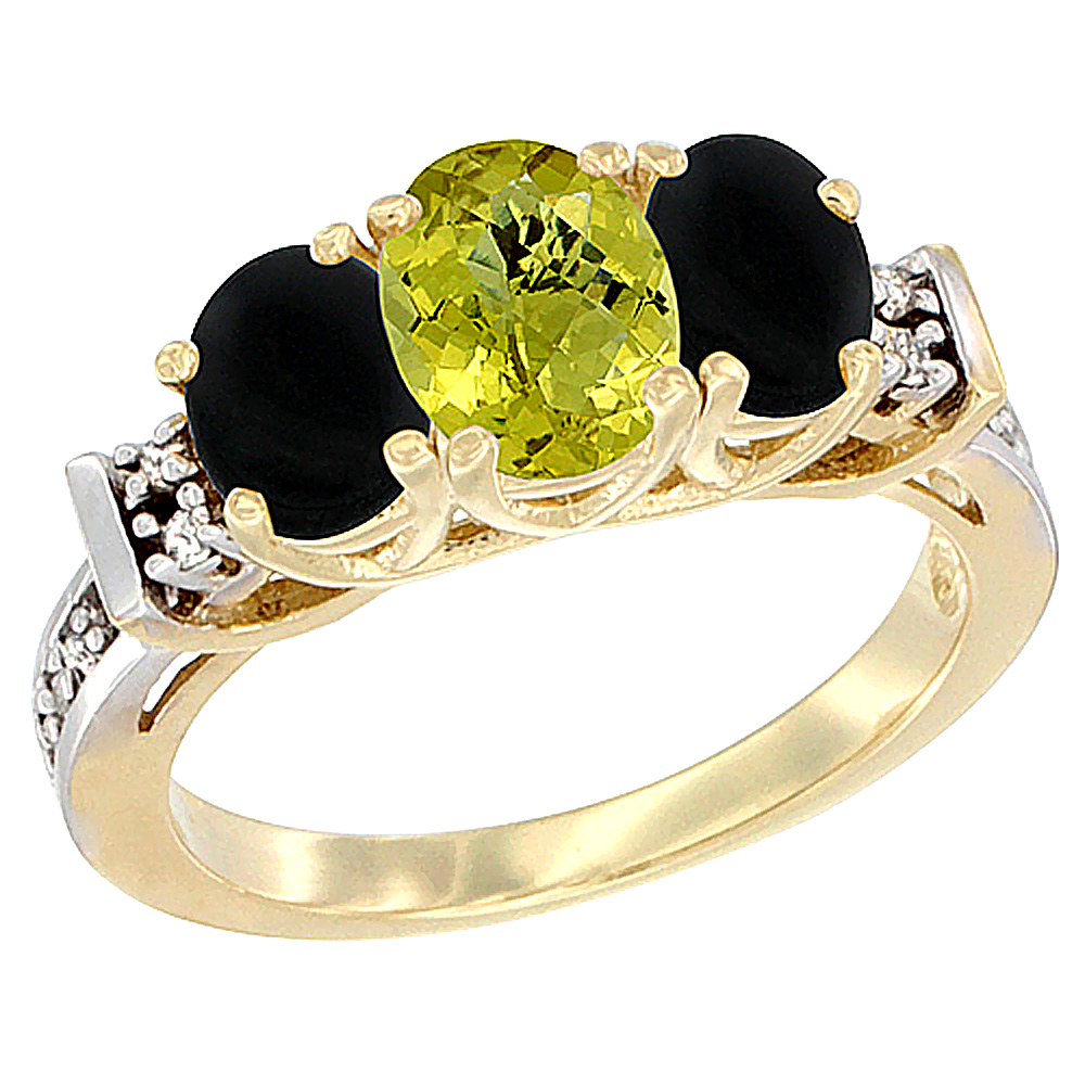 10K Yellow Gold Natural Lemon Quartz & Black Onyx Ring 3-Stone Oval Diamond Accent