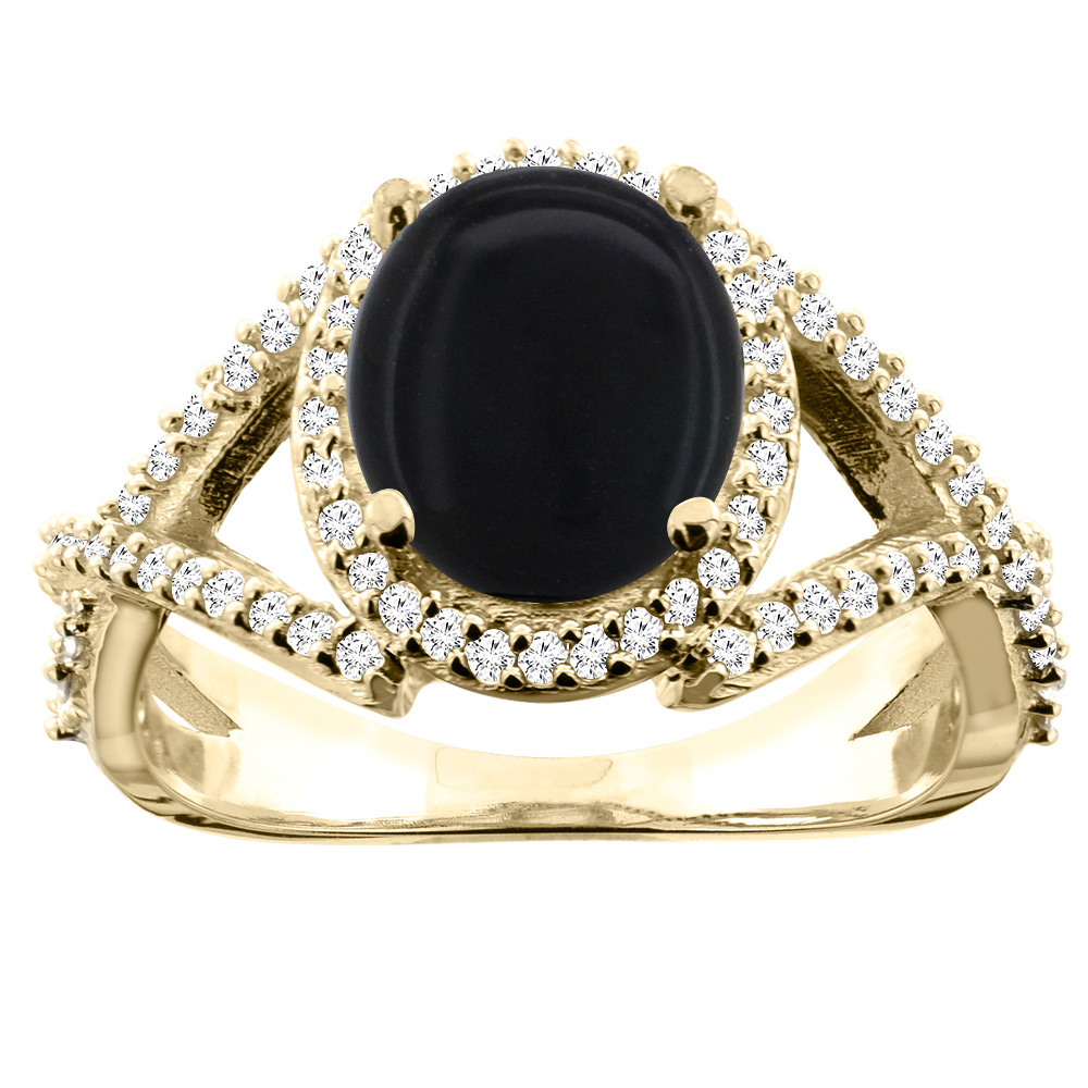 10K Yellow Gold Natural Black Onyx Ring Oval 9x7mm Diamond Accent, size 5