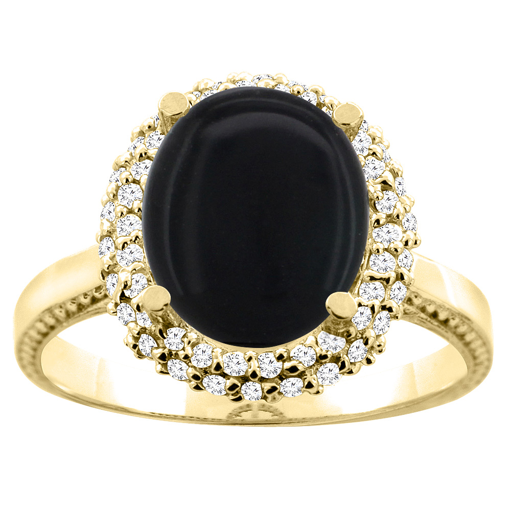 10K White/Yellow Gold Natural Black Onyx Double Halo Ring Oval 10x8mm Diamond Accent, sizes 5 - 10
