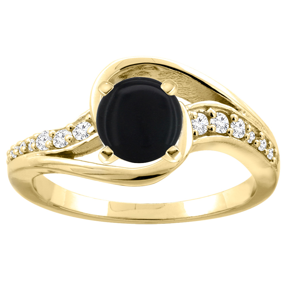 10K White/Yellow Gold Natural Black Onyx Bypass Ring Round 6mm Diamond Accent, sizes 5 - 10
