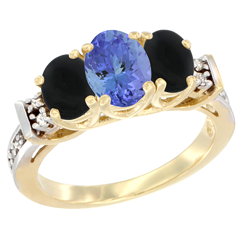 10K Yellow Gold Natural Tanzanite & Black Onyx Ring 3-Stone Oval Diamond Accent