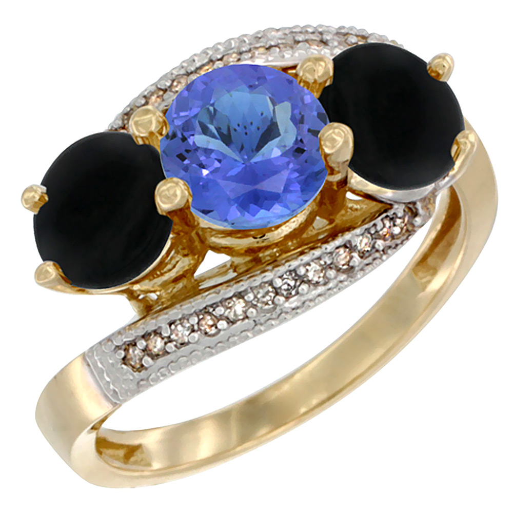 10K Yellow Gold Natural Tanzanite & Black Onyx Sides 3 stone Ring Round 6mm Diamond Accent, sizes 5 - 10