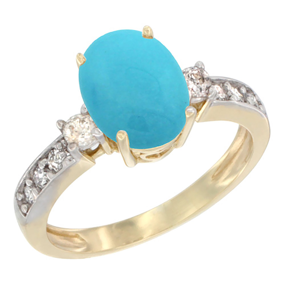 10K White Gold Natural Turquoise Ring Oval 9x7 mm Diamond Accent, sizes 5 - 10
