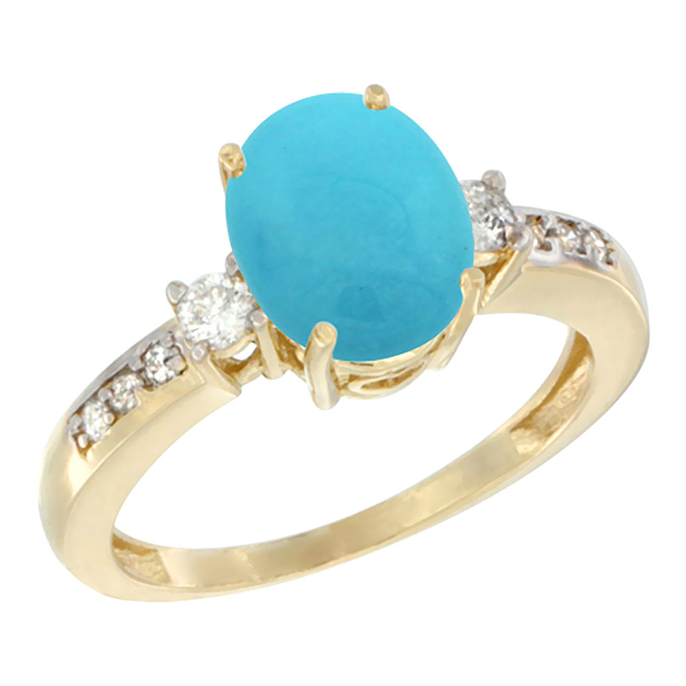 10k Yellow Gold Natural Turquoise Ring Oval 9x7 mm Diamond Accent, sizes 5 - 10