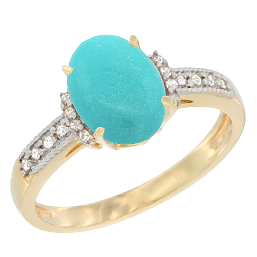 10K Yellow Gold Natural Turquoise Ring Oval 9x7 mm Diamond Accent, sizes 5 - 10