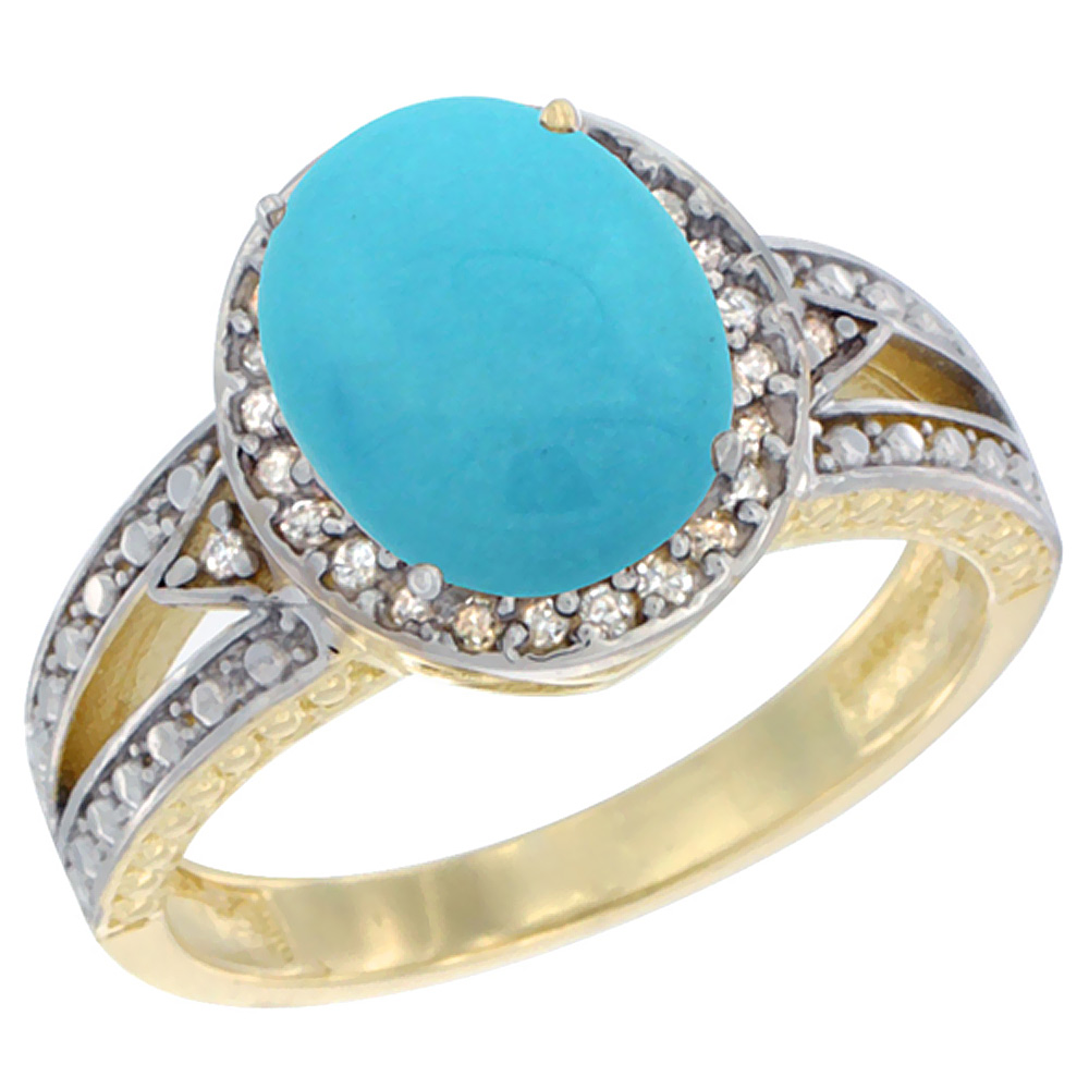 10k Yellow Gold Natural Turquoise Ring Oval 9x7 mm Diamond Halo, sizes 5 - 10