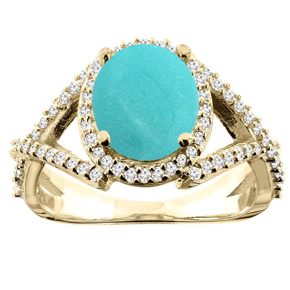 10K Yellow Gold Natural Turquoise Ring Oval 9x7mm Diamond Accent, size 5