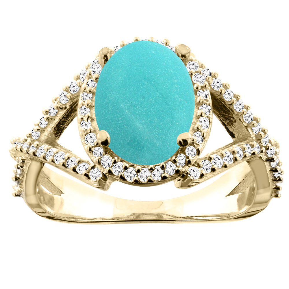 10K White/Yellow/Rose Gold Natural Turquoise Ring Oval 10x8mm Diamond Accent, sizes 5 - 10