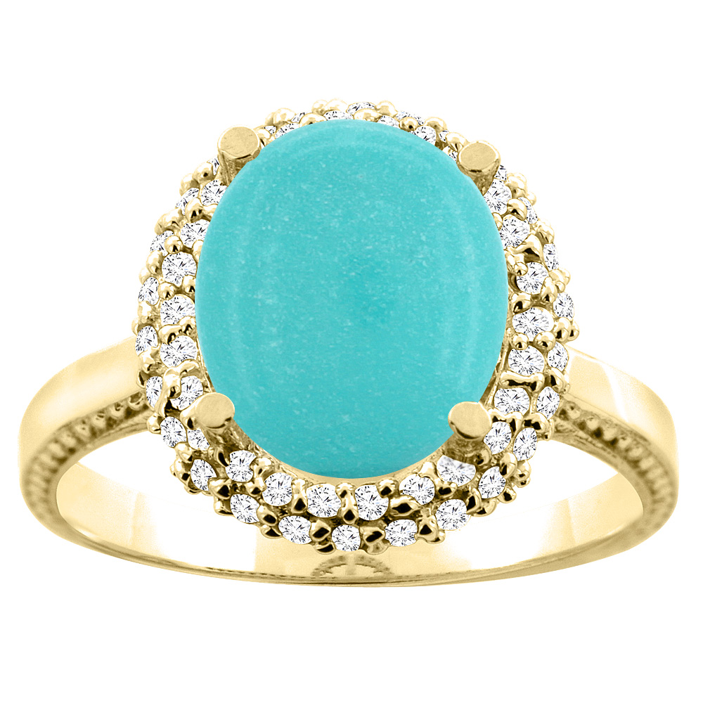 10K White/Yellow Gold Natural Turquoise Double Halo Ring Oval 10x8mm Diamond Accent, sizes 5 - 10