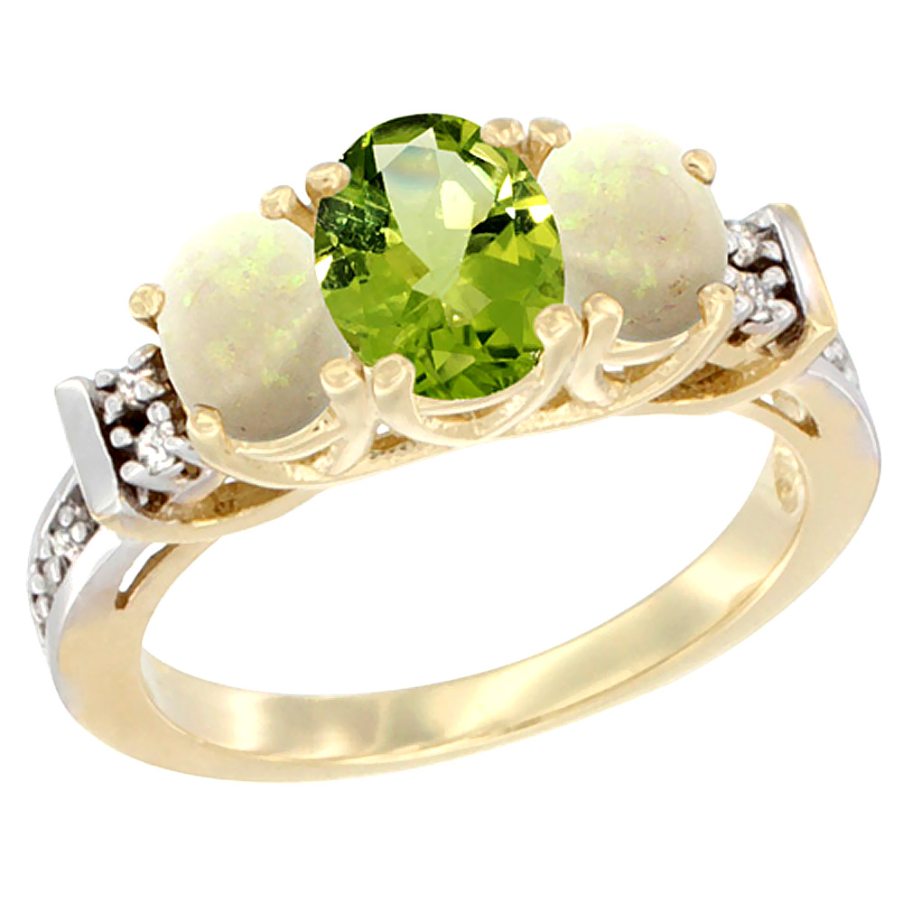 10K Yellow Gold Natural Peridot & Opal Ring 3-Stone Oval Diamond Accent