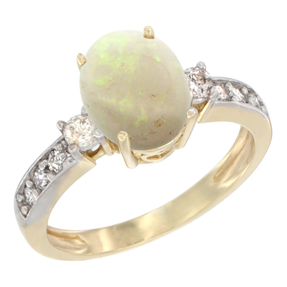 10K White Gold Natural Opal Ring Oval 9x7 mm Diamond Accent, sizes 5 - 10