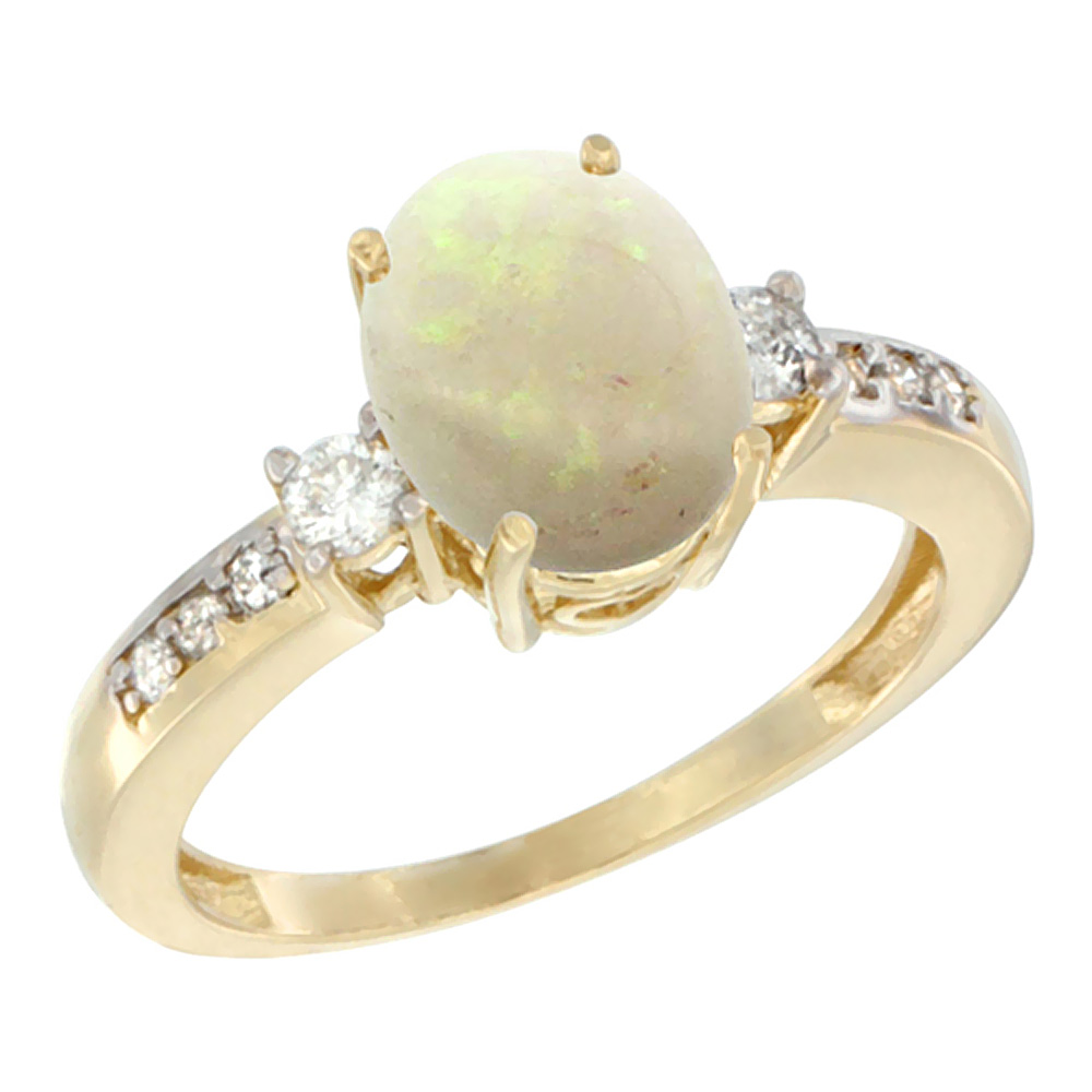 14K Yellow Gold Natural Opal Ring Oval 9x7 mm Diamond Accent, sizes 5 - 10