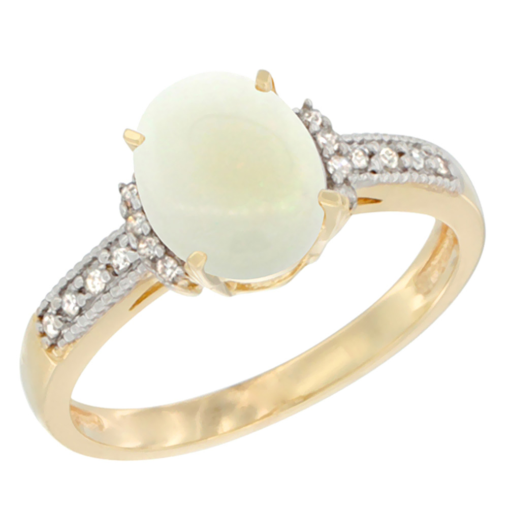 14K Yellow Gold Natural Opal Ring Oval 9x7 mm Diamond Accent, sizes 5 - 10