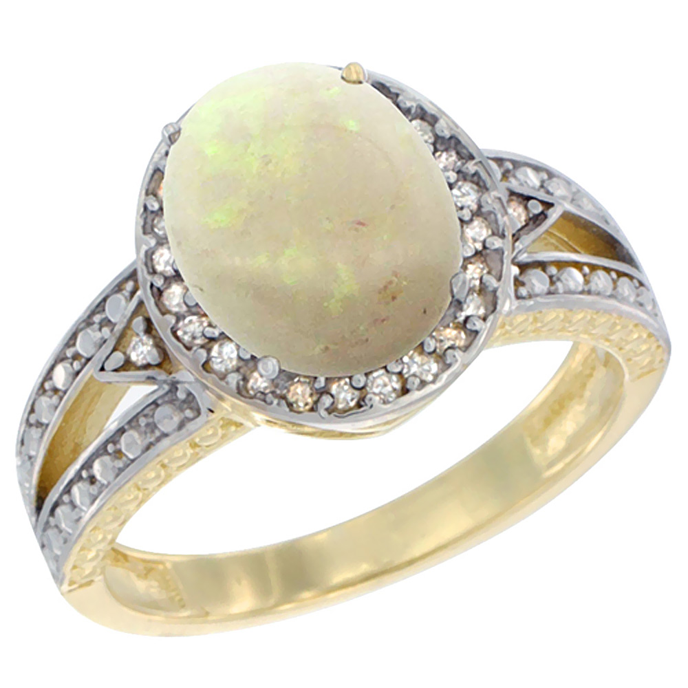14K Yellow Gold Natural Opal Ring Oval 9x7 mm Diamond Halo, sizes 5 - 10