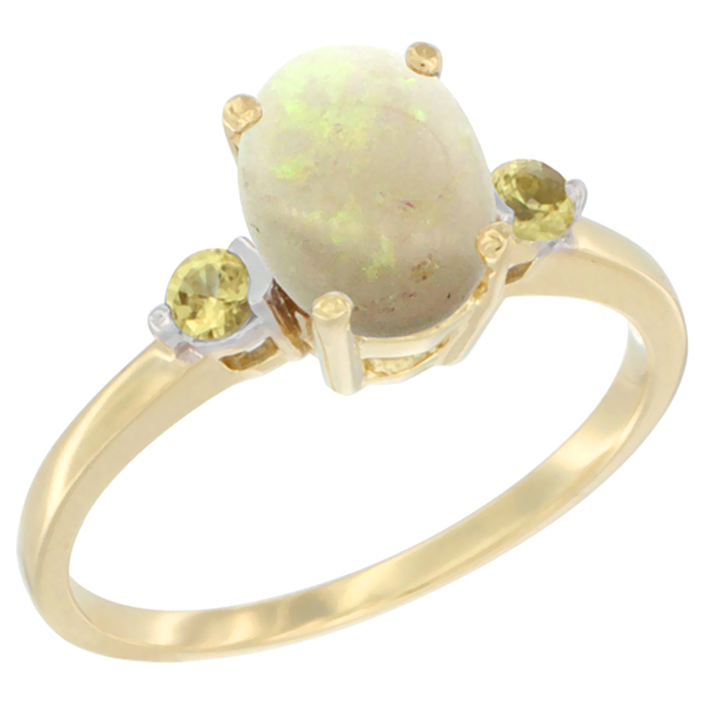 10K Yellow Gold Natural Opal Ring Oval 9x7 mm Yellow Sapphire Accent, sizes 5 to 10