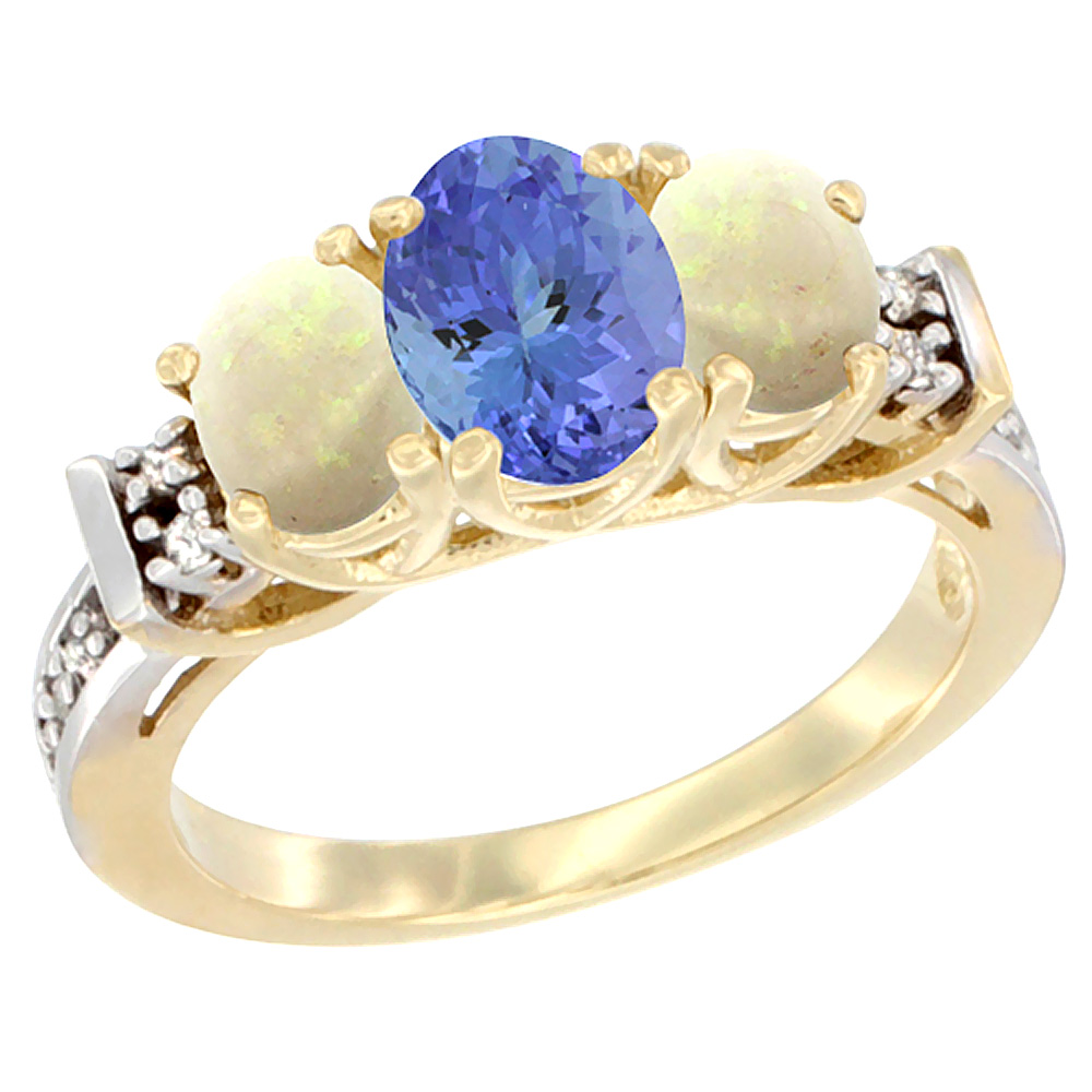 10K Yellow Gold Natural Tanzanite & Opal Ring 3-Stone Oval Diamond Accent