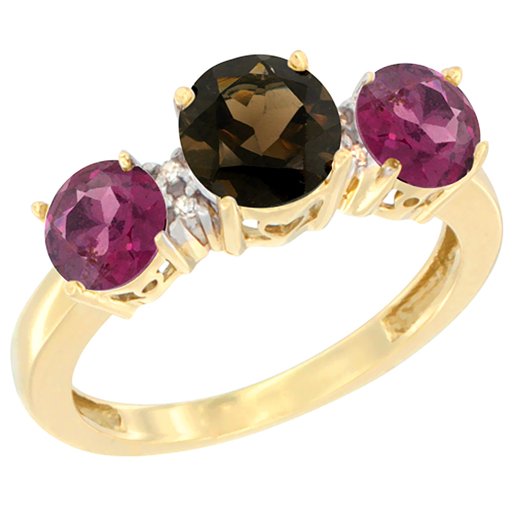 14K Yellow Gold Round 3-Stone Natural Smoky Topaz Ring & Rhodolite Sides Diamond Accent, sizes 5 - 10