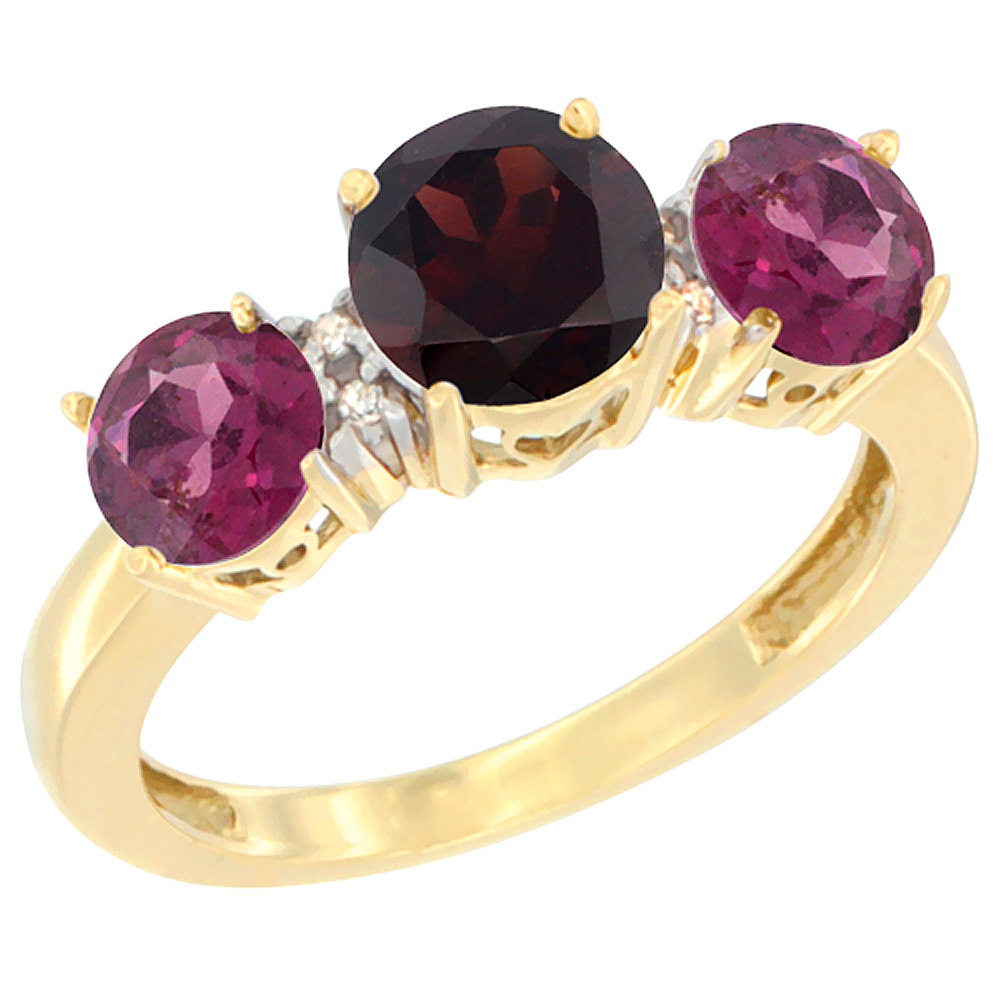 14K Yellow Gold Round 3-Stone Natural Garnet Ring & Rhodolite Sides Diamond Accent, sizes 5 - 10
