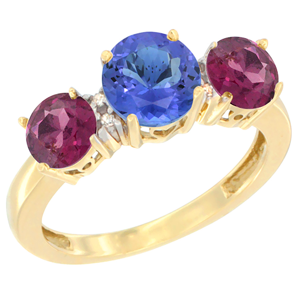 10K Yellow Gold Round 3-Stone Natural Tanzanite Ring & Rhodolite Sides Diamond Accent, sizes 5 - 10