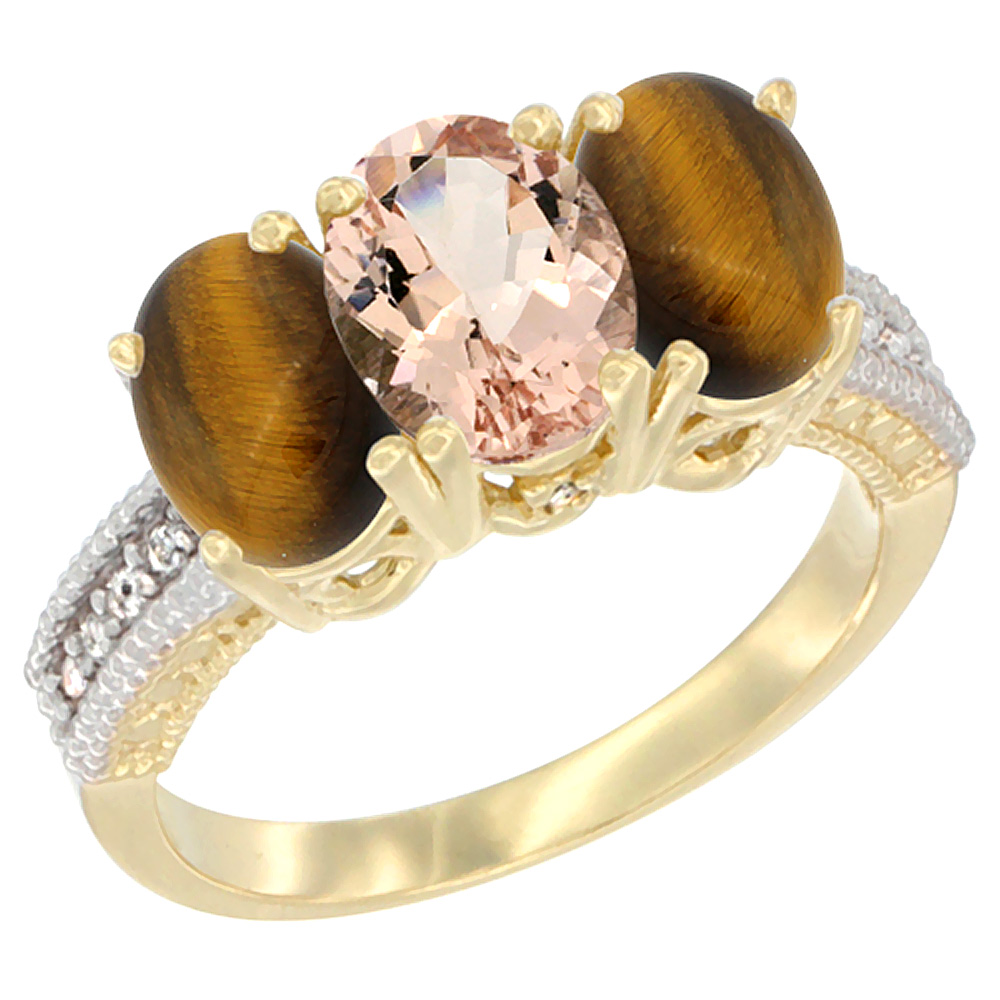 14K Yellow Gold Natural Morganite & Tiger Eye Sides Ring 3-Stone 7x5 mm Oval Diamond Accent, sizes 5 - 10