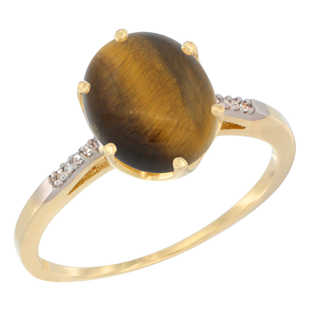 14K Yellow Gold Natural Tiger Eye Engagement Ring 10x8 mm Oval, sizes 5 - 10