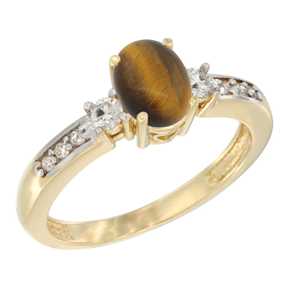 14K White Gold Diamond Natural Tiger Eye Engagement Ring Oval 7x5 mm, sizes 5 - 10