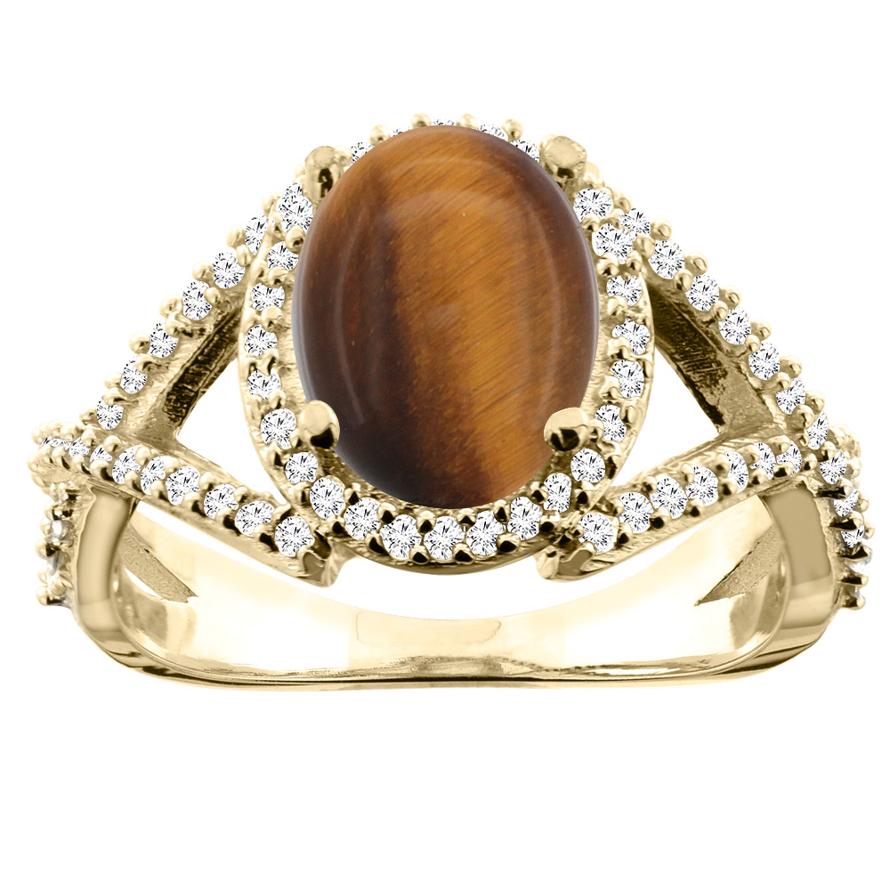 14K White/Yellow/Rose Gold Natural Tiger Eye Ring Oval 10x8mm Diamond Accent, sizes 5 - 10