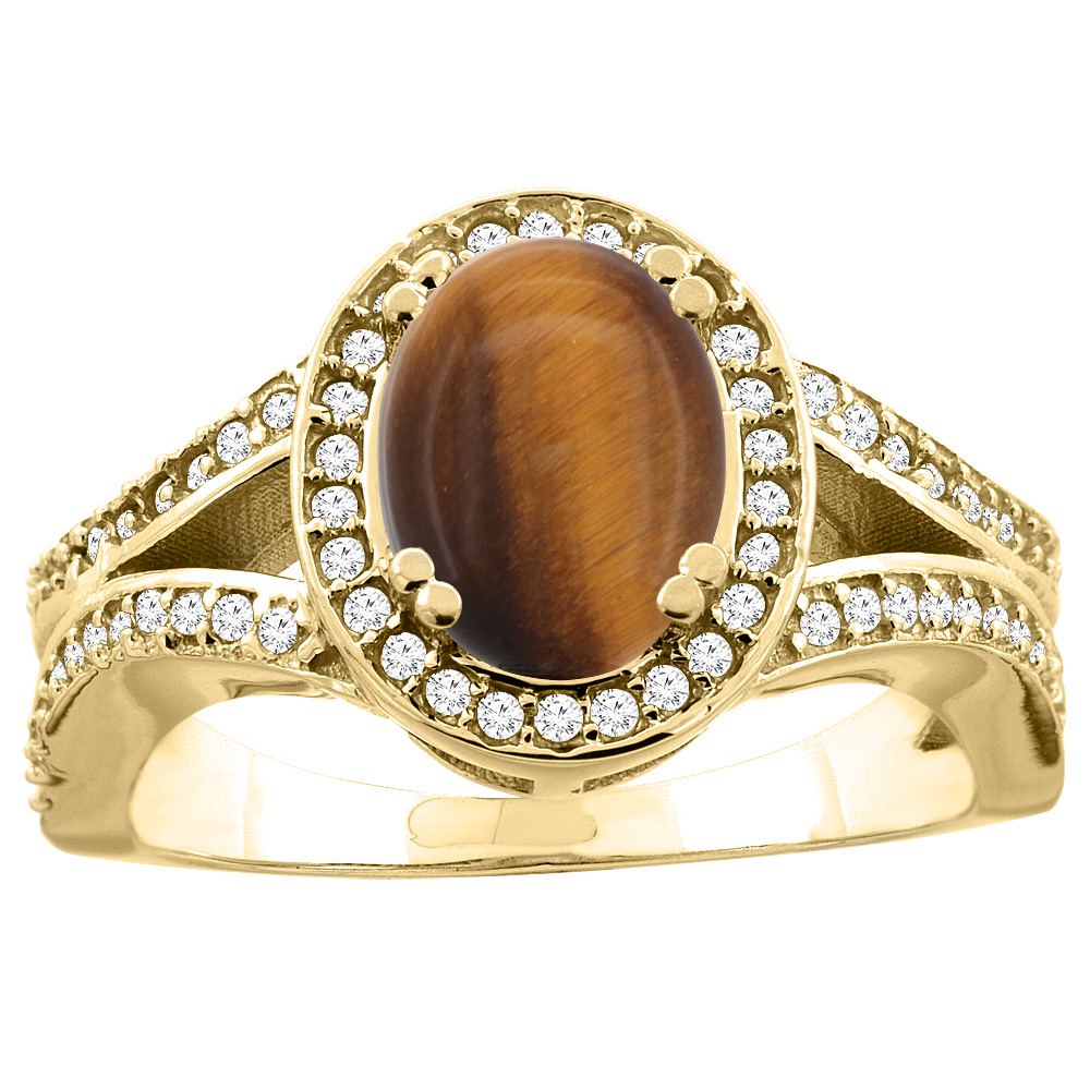 14k Gold Diamond Halo Genuine Tiger Eye Ring Split Shank Oval 8x6mm, size 5-10