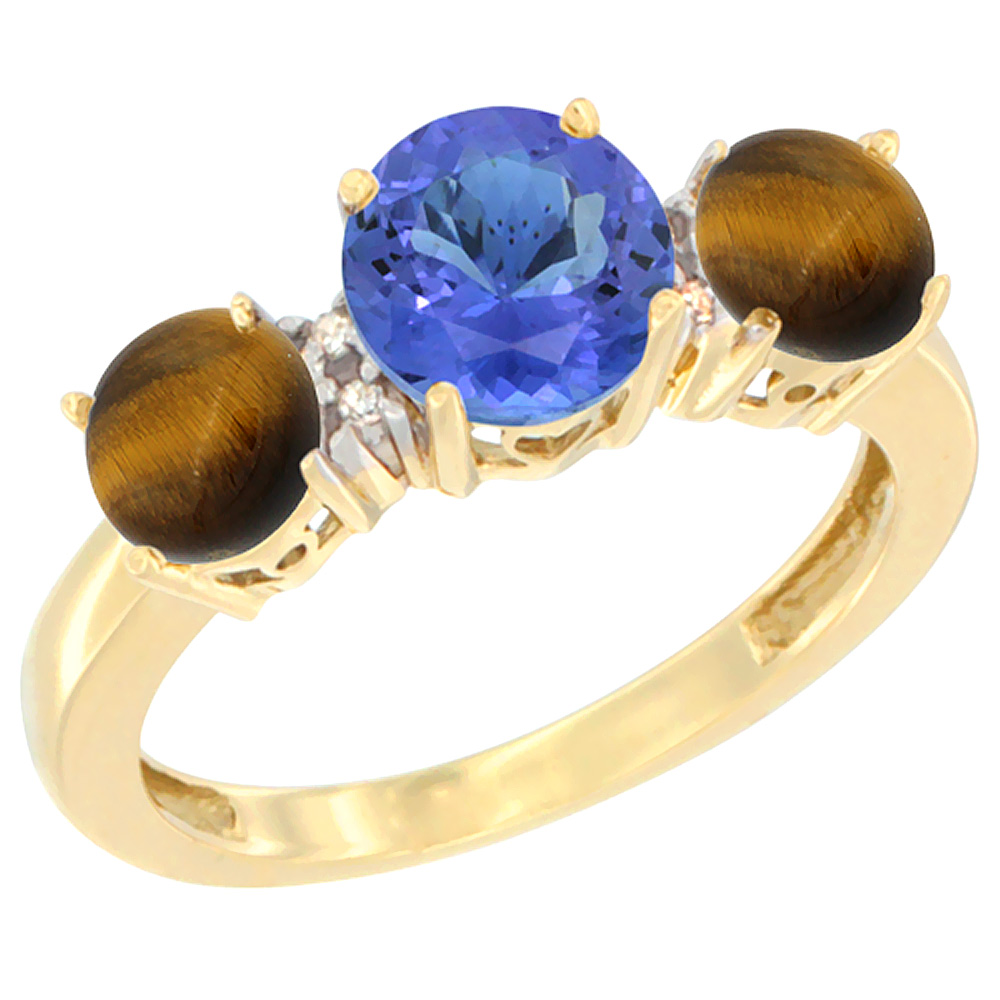 10K Yellow Gold Round 3-Stone Natural Tanzanite Ring & Tiger Eye Sides Diamond Accent, sizes 5 - 10