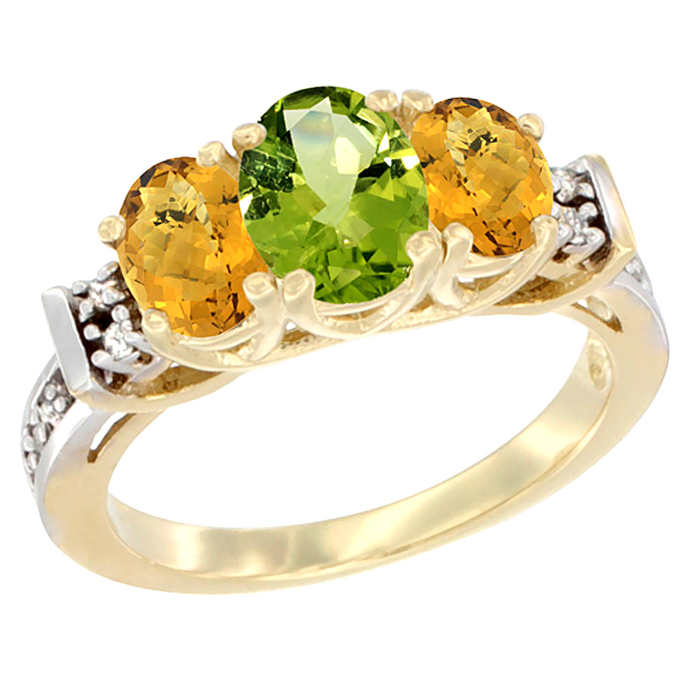 10K Yellow Gold Natural Peridot & Whisky Quartz Ring 3-Stone Oval Diamond Accent