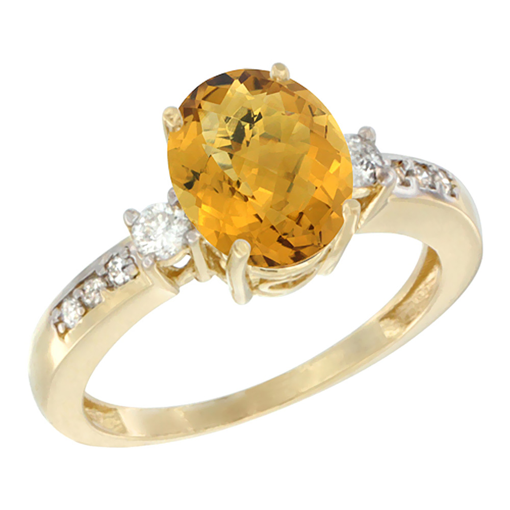 14K Yellow Gold Natural Whisky Quartz Ring Oval 9x7 mm Diamond Accent, sizes 5 - 10