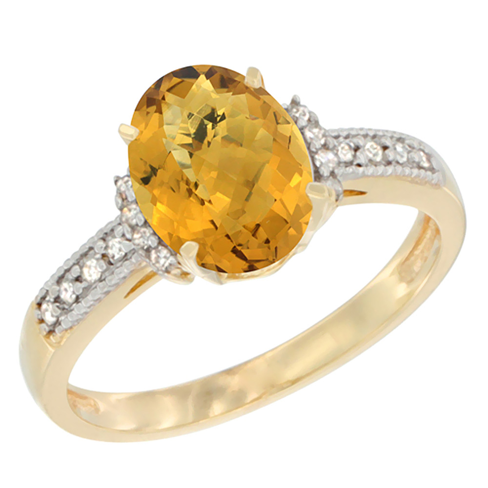 14K Yellow Gold Natural Whisky Quartz Ring Oval 9x7 mm Diamond Accent, sizes 5 - 10