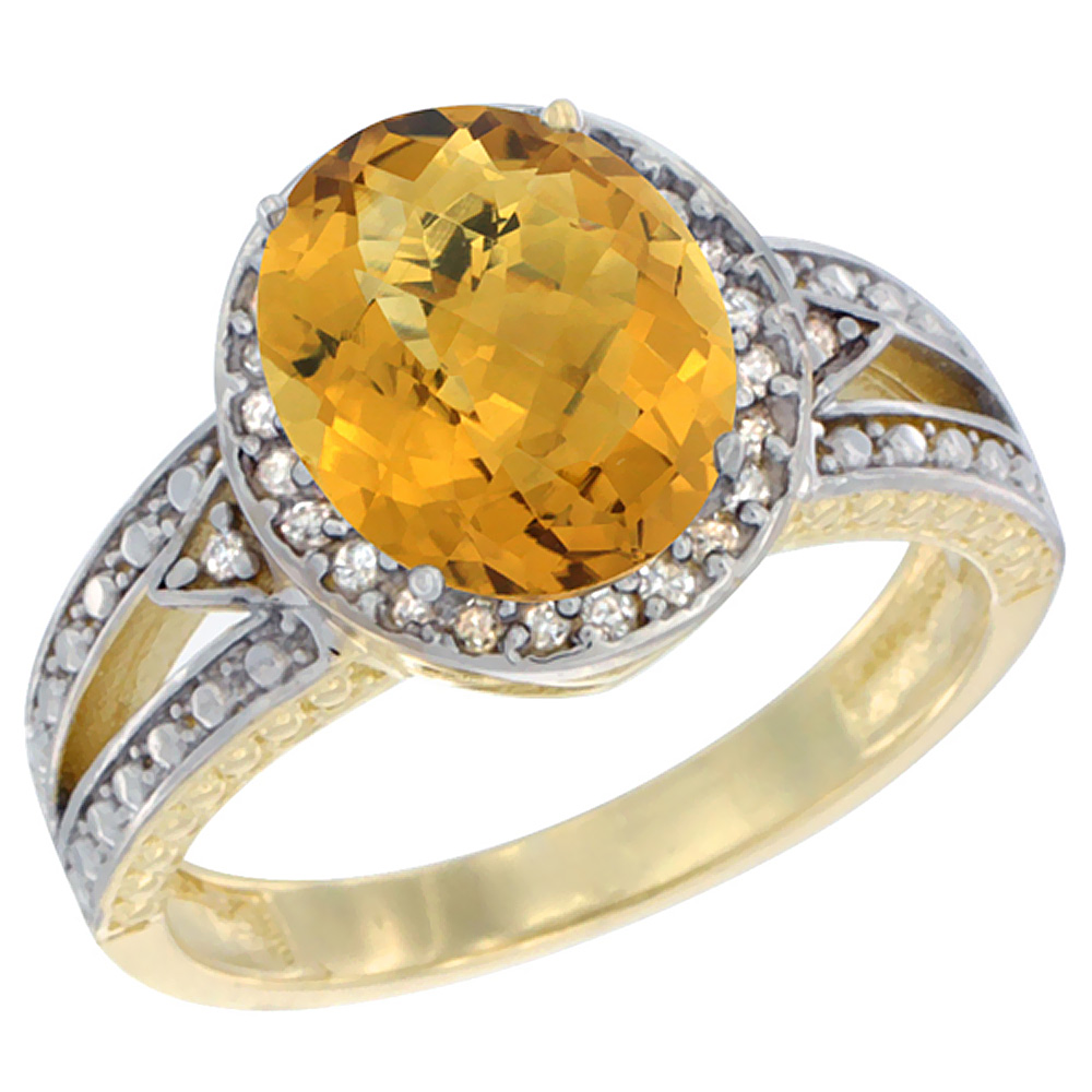 14K Yellow Gold Natural Whisky Quartz Ring Oval 9x7 mm Diamond Halo, sizes 5 - 10