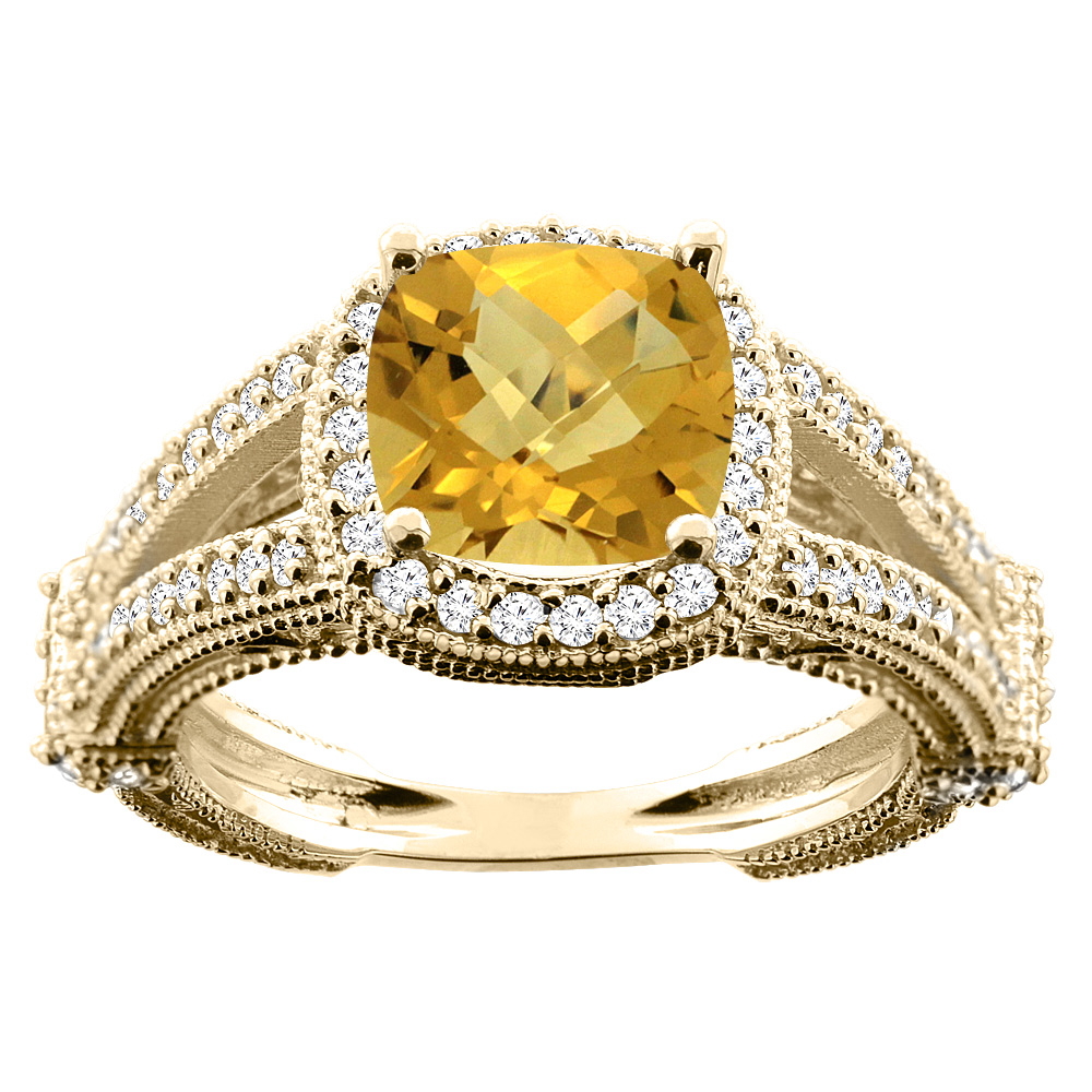 14K White/Yellow/Rose Gold Natural Whisky Quartz Cushion 8x8mm Diamond Accent 3/8 inch wide, sizes 5 - 10