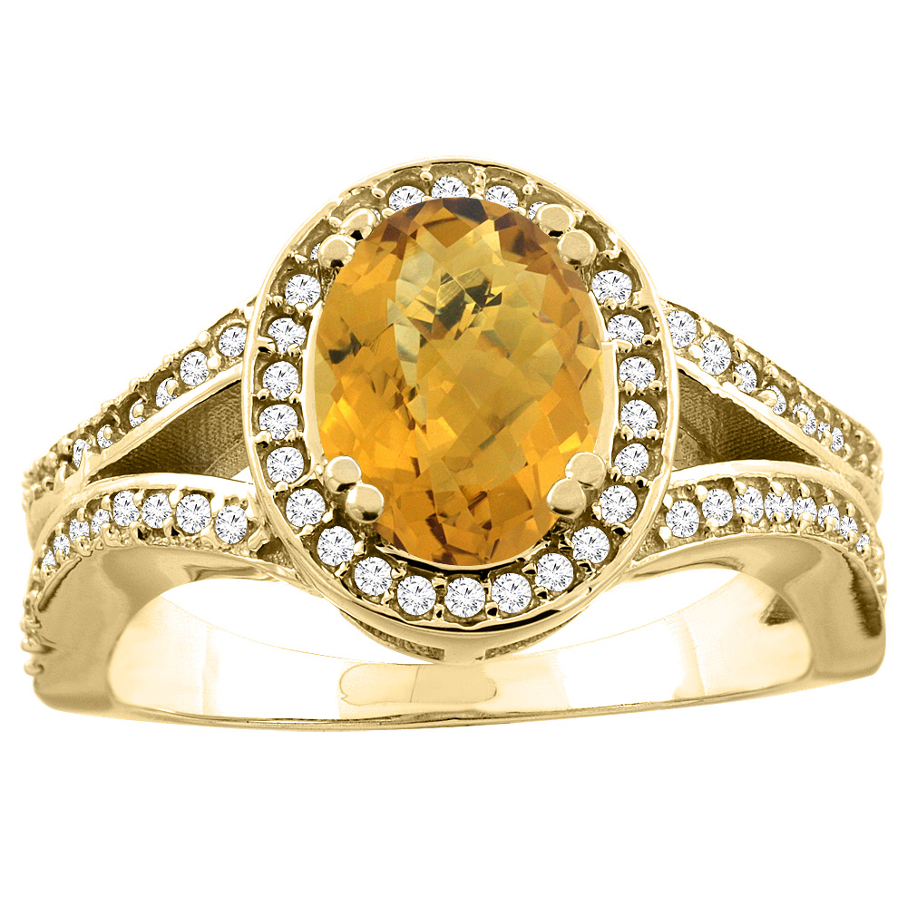 14k Gold Diamond Halo Genuine Whisky Quartz Ring Split Shank Oval 8x6mm, size 5-10