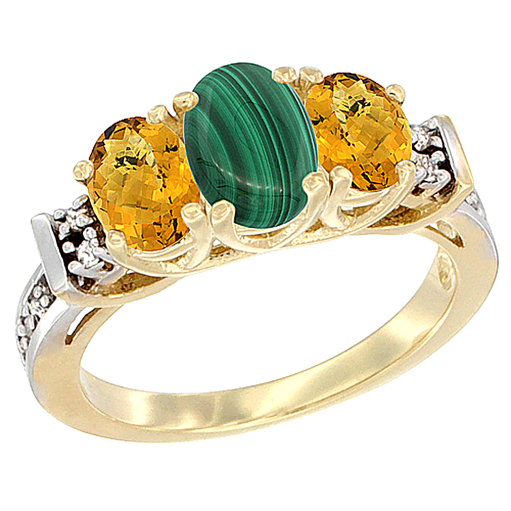 14K Yellow Gold Natural Malachite & Whisky Quartz Ring 3-Stone Oval Diamond Accent